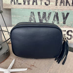 Load image into Gallery viewer, lusciousscarves Handbags Navy Leather tassel camera style crossbody bag.
