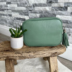 Load image into Gallery viewer, lusciousscarves Handbags Pale Green Leather tassel camera style crossbody bag , Summer Colours
