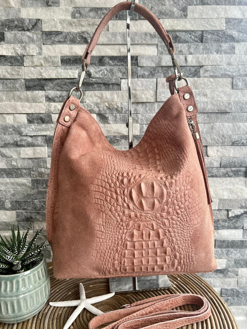 lusciousscarves Handbags Pink Leather & Suede Mix Croc Print Hobo Bag