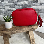 Load image into Gallery viewer, lusciousscarves Handbags Red Leather tassel camera style crossbody bag , Summer Colours
