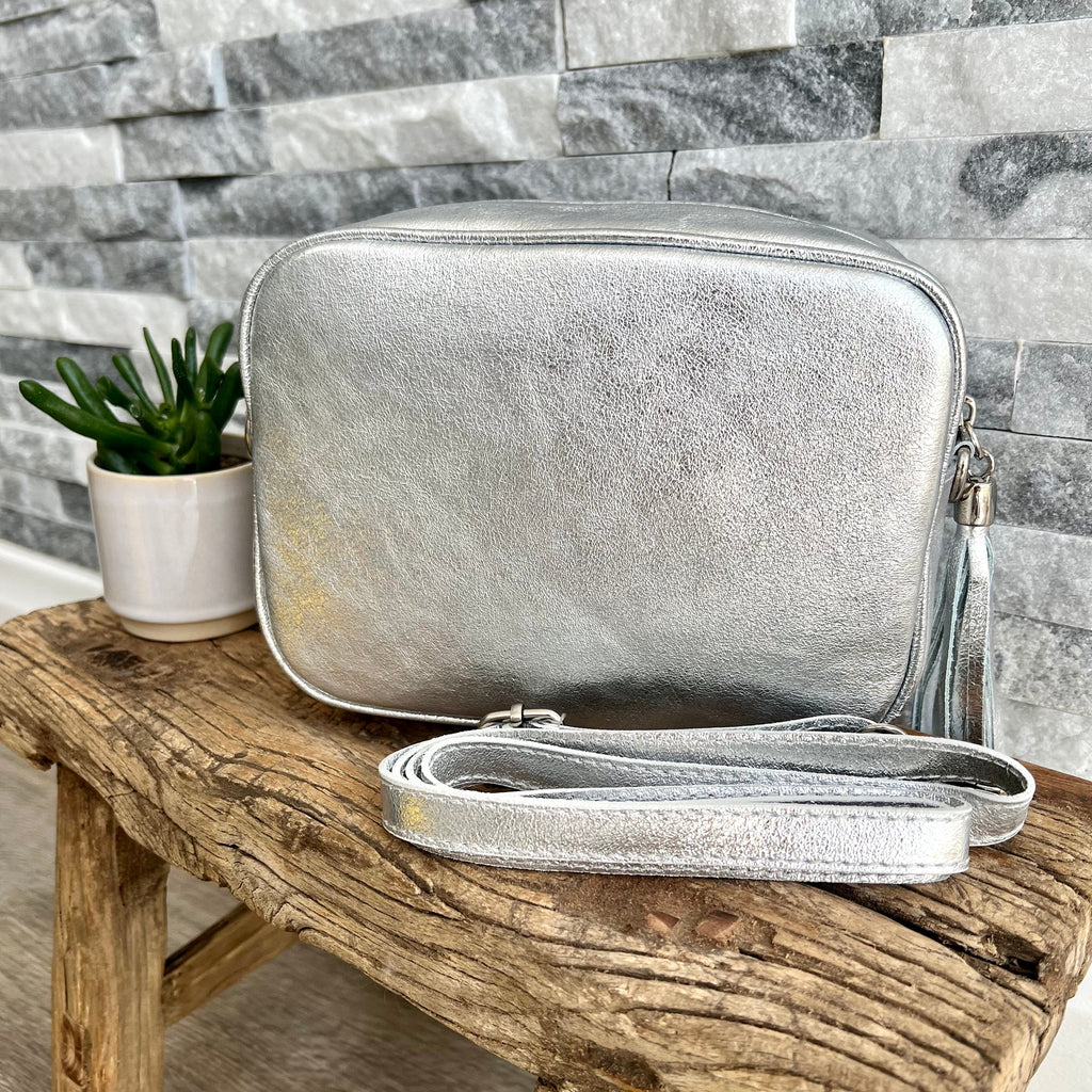 lusciousscarves Handbags Silver Metallic Leather Camera  Style Bag