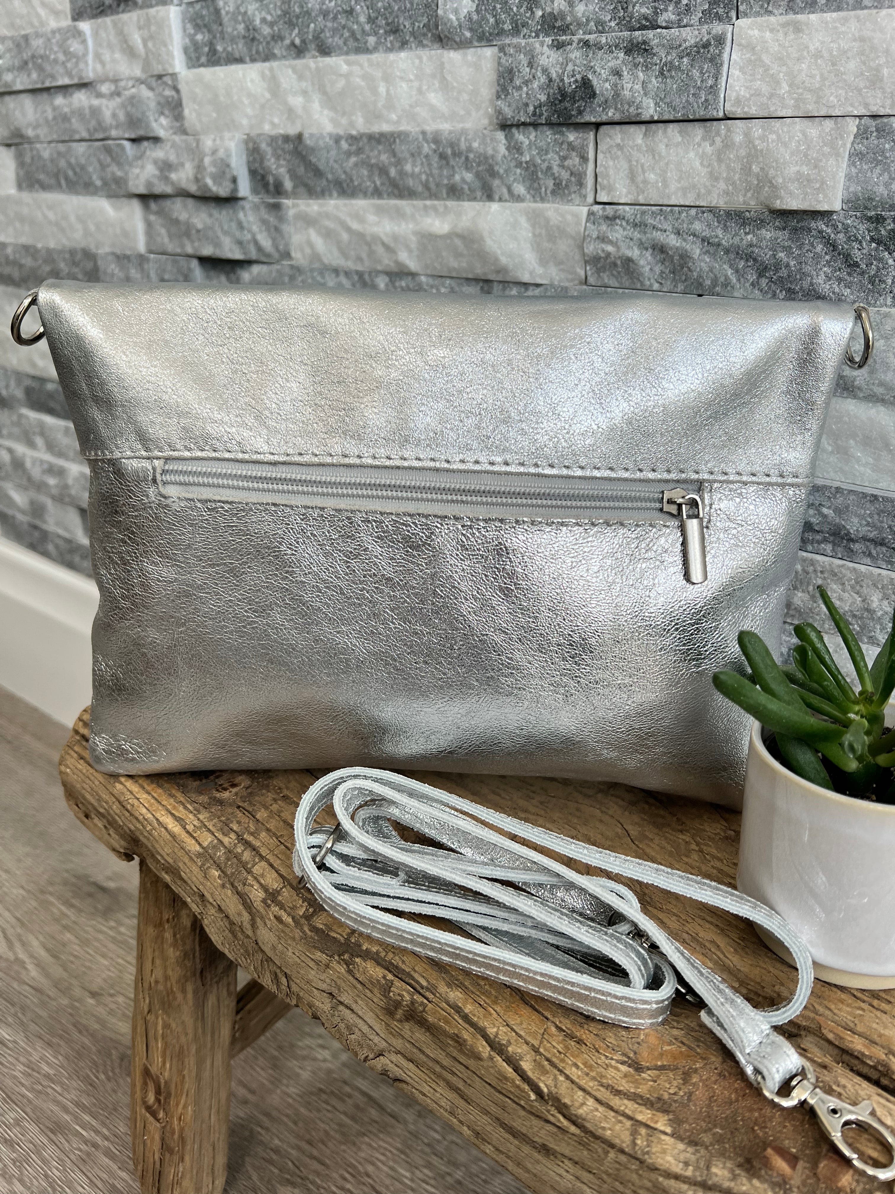 lusciousscarves Handbags Silver Metallic Leather Clutch Bag