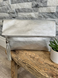 lusciousscarves Handbags Silver Metallic Leather Clutch Bag