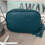 Load image into Gallery viewer, lusciousscarves Handbags Teal Leather tassel camera style crossbody bag.
