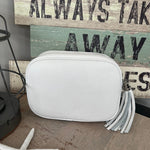 Load image into Gallery viewer, lusciousscarves Handbags White Leather tassel camera style crossbody bag.
