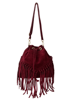 Load image into Gallery viewer, lusciousscarves Handbags Wine Red Leather suede fringed tassel bucket bag / handbag
