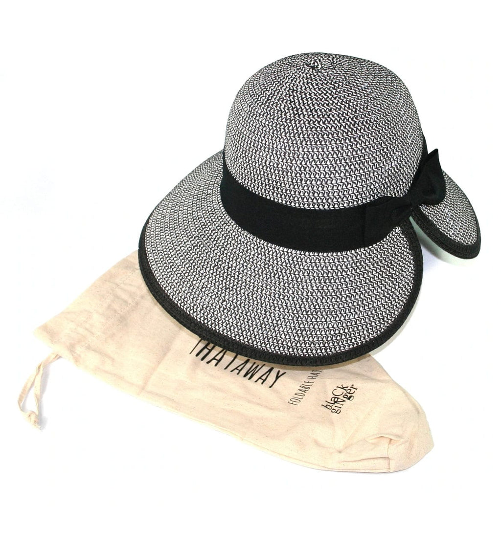 lusciousscarves Hats Black and White Open Back Folding Ladies Hat with Bow and travel bag