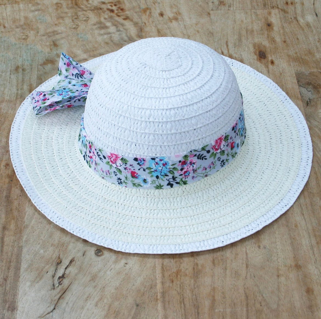 lusciousscarves Hats Child’s White foldable Sunhat with Floral Ribbon