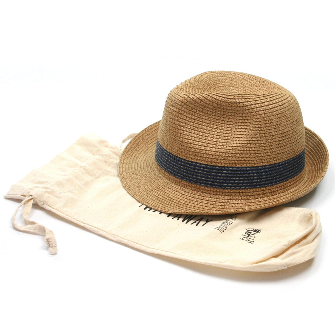Foldable Packable Trilby Style Sun Hat with Blue Band and Travel