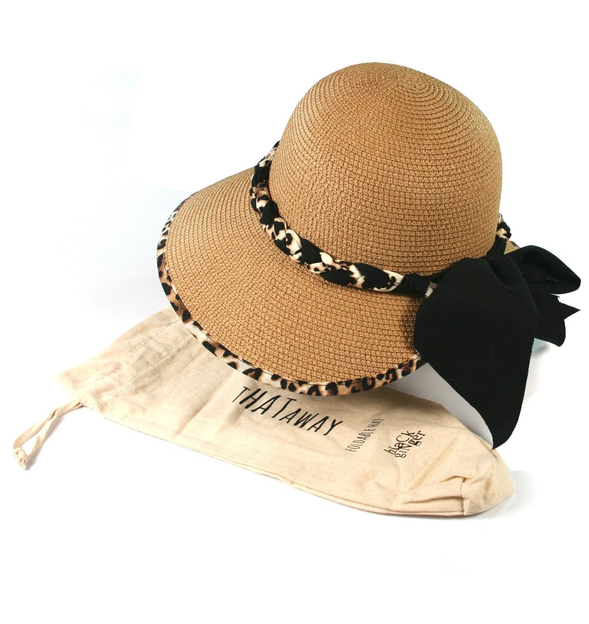 Ladies Packable Coffee Coloured Animal Print Detail Open Back Foldable Sun Hat With Bag