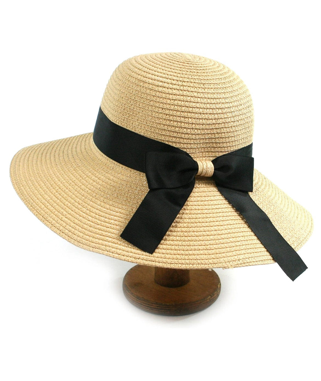 lusciousscarves Hats Ladies Cream Foldable Rollable Sun Hat with Black Bow Design and Bag