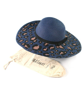 lusciousscarves Hats Ladies Dark Blue Animal Print Wide Brim Foldable, Packable Sun Hat with bag