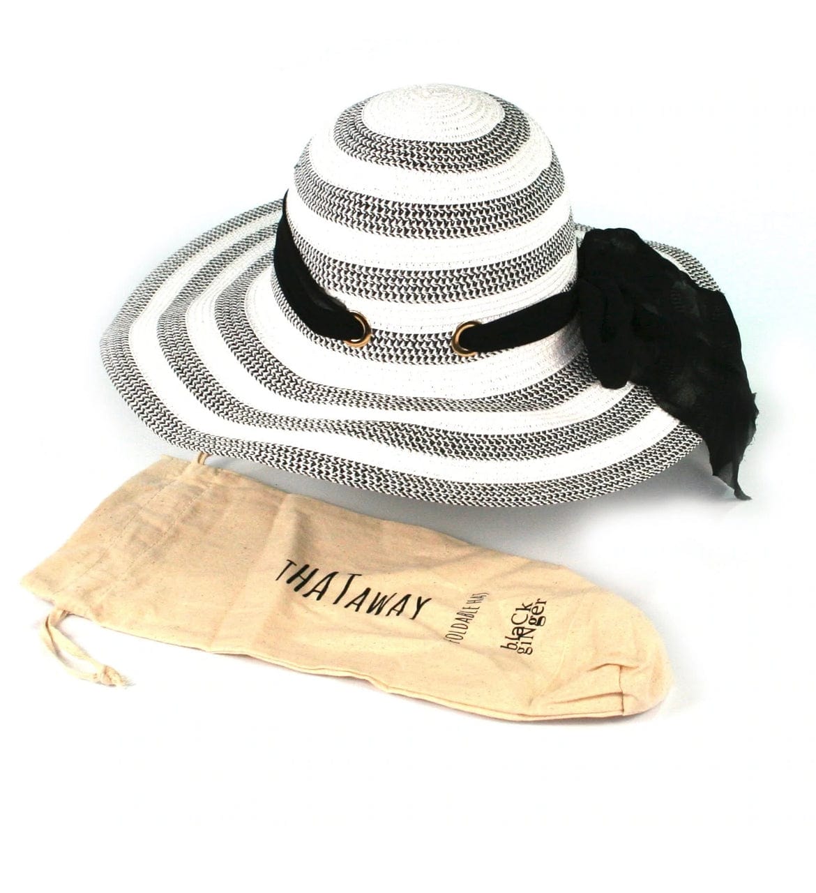 lusciousscarves Hats Ladies Monochrome Stripes Multi Way Ribbon Foldable Sun Hat with Bag