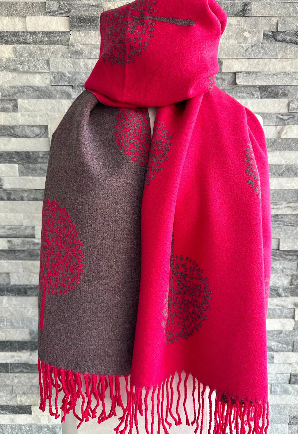 lusciousscarves Hot Pink and Grey Reversible Mulberry Tree Scarf / Wrap , Cashmere Blend