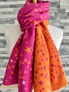 lusciousscarves Hot Pink and Orange Reversible Stars Scarf / Wrap