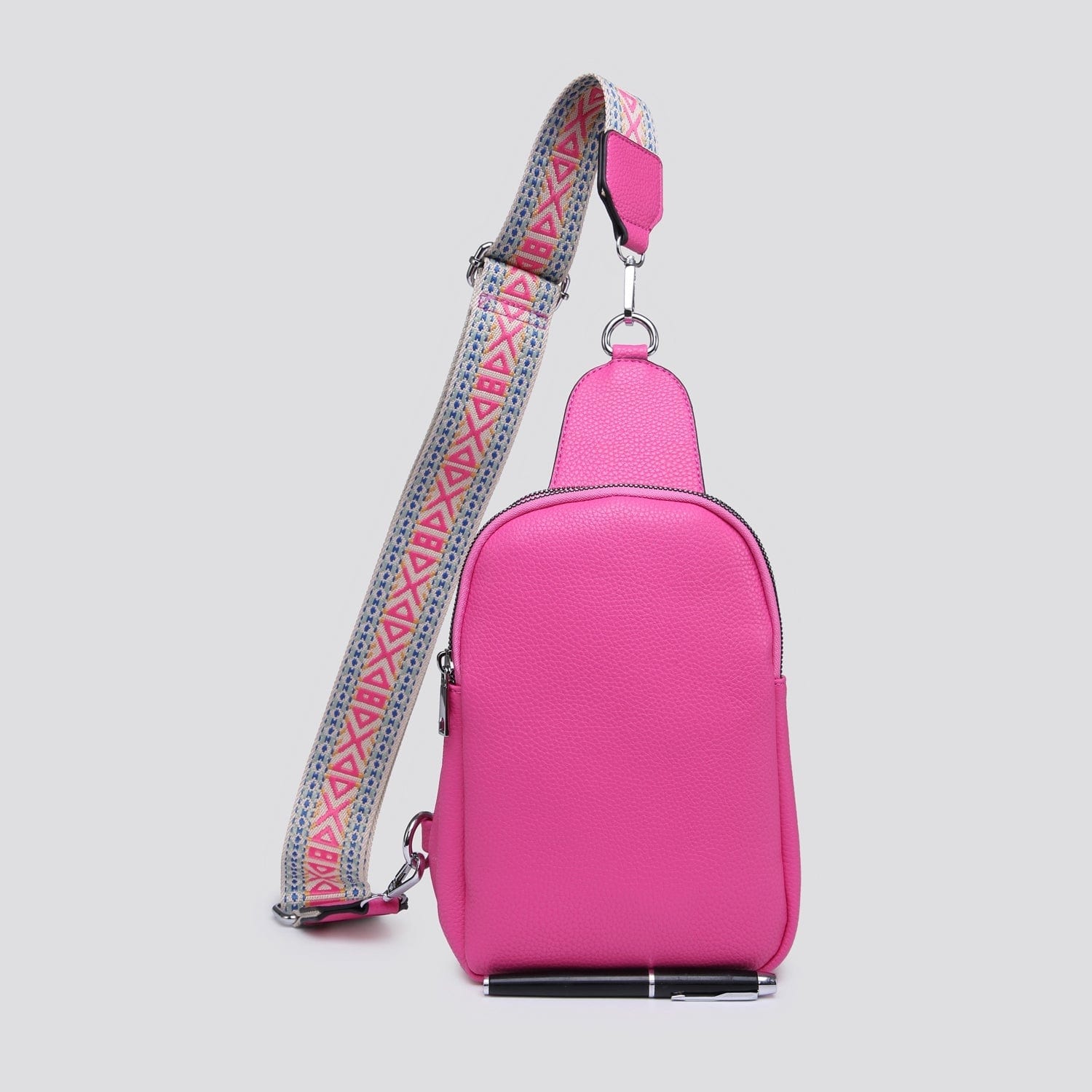 lusciousscarves Hot Pink Faux Leather Double Zipped Sling Bag - Chest Bag with Patterned Canvas Strap
