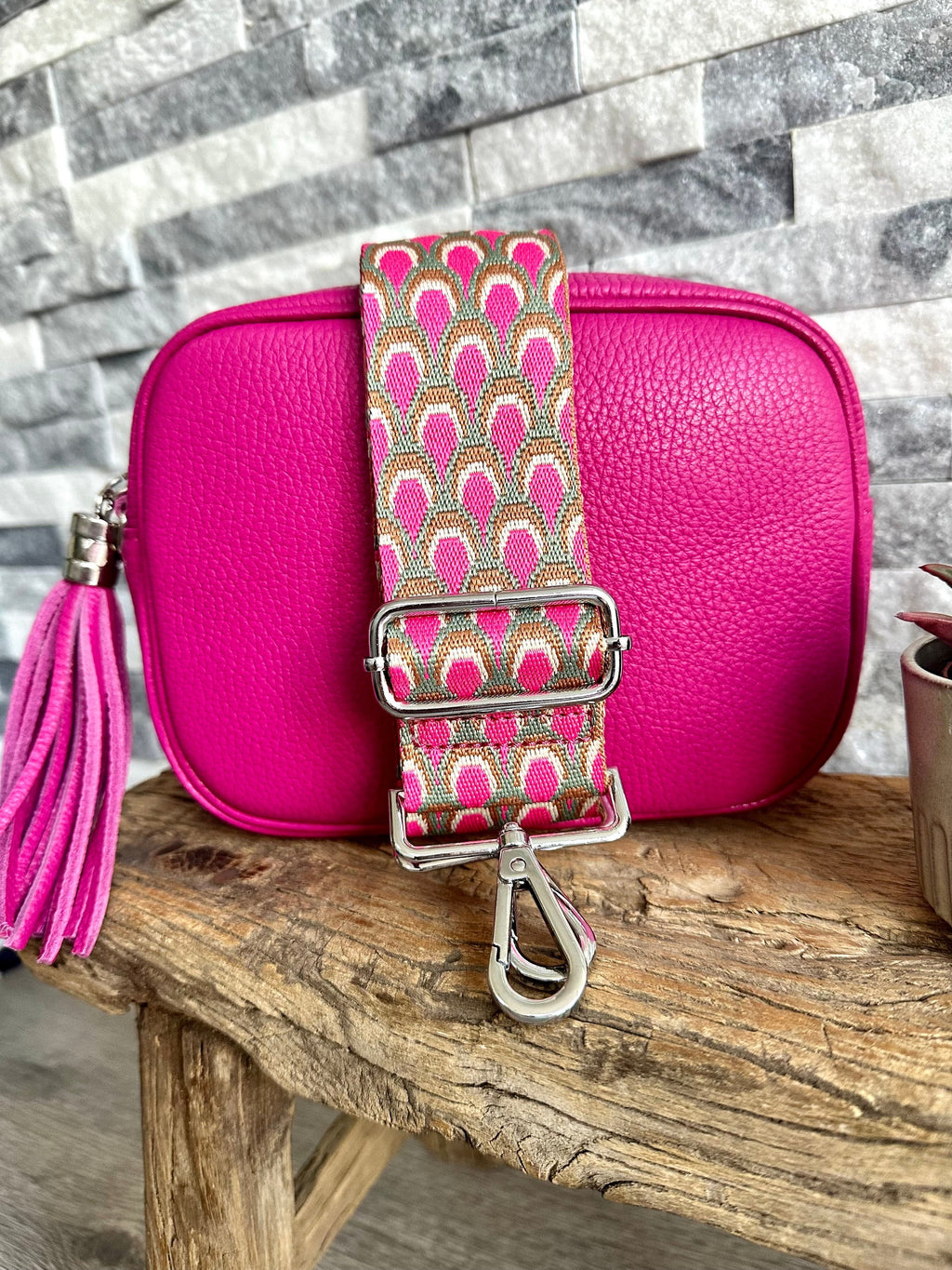 lusciousscarves Hot Pink Italian leather camera bag and strap combo