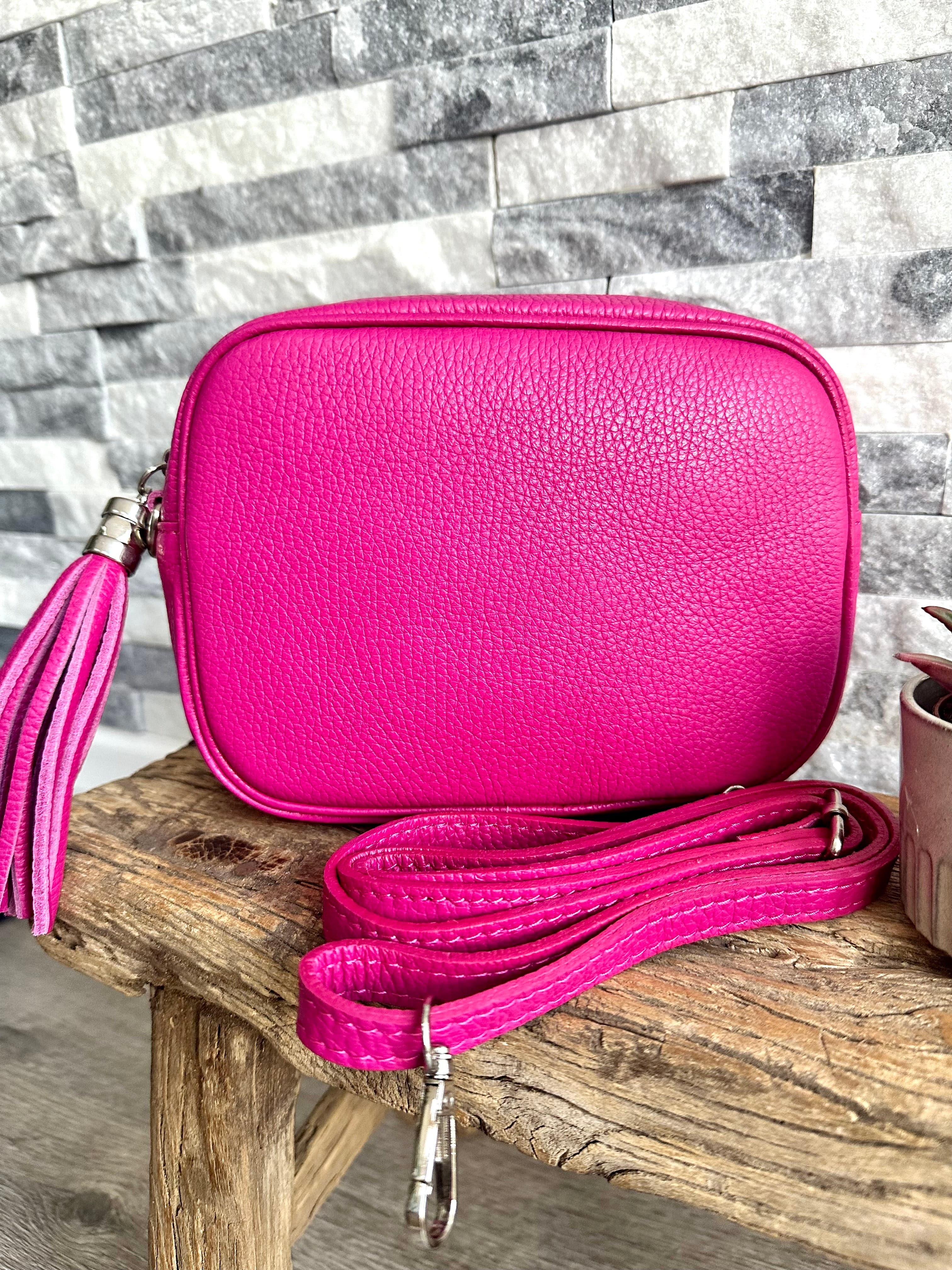 lusciousscarves Hot Pink Italian leather camera bag and strap combo