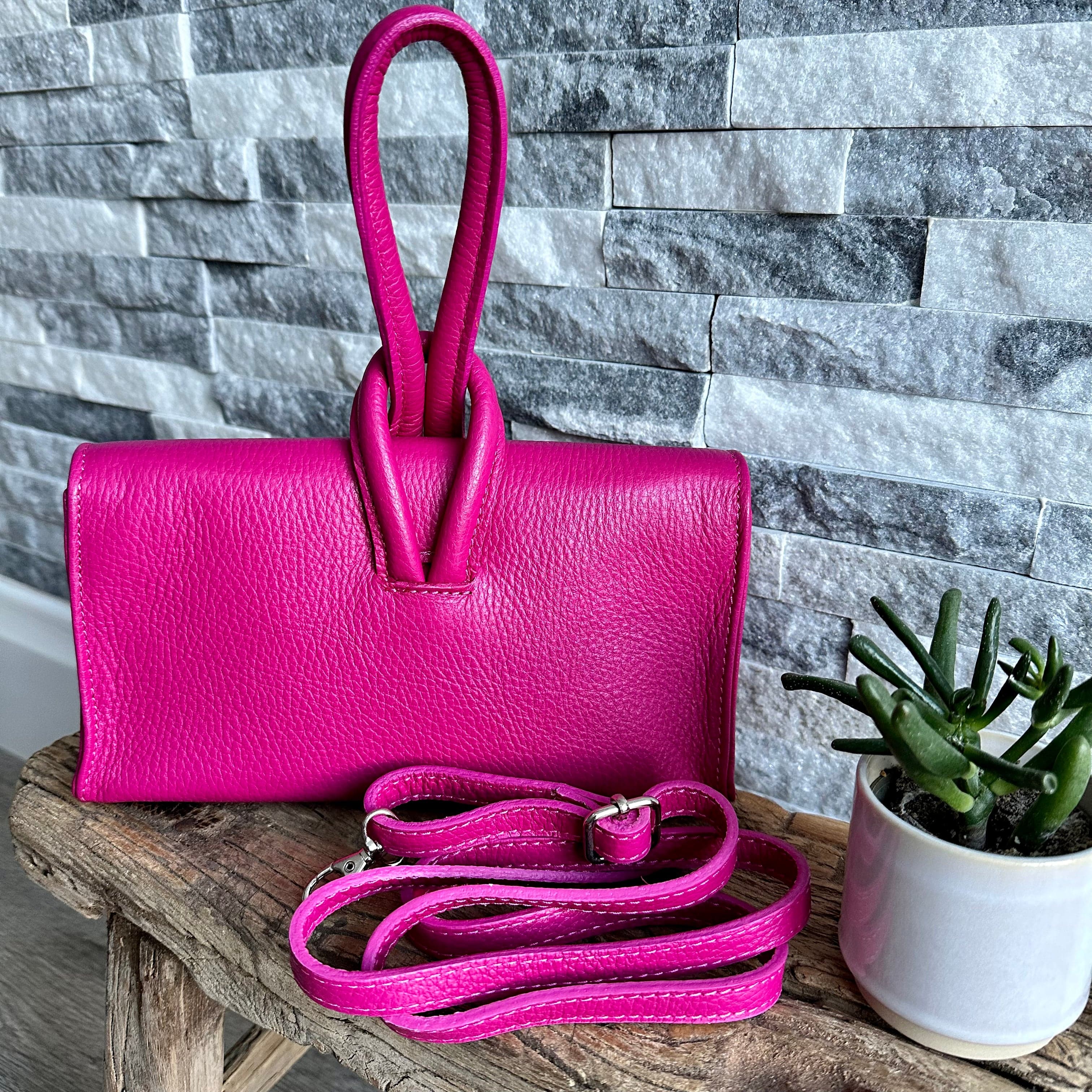 Hot pink Italian Leather Clutch Bag Evening Bag with Loop Handle luscious scarves