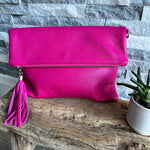 Load image into Gallery viewer, lusciousscarves Hot Pink Italian Leather Clutch Bag.
