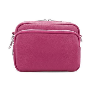 lusciousscarves Hot Pink Italian Leather Crossbody Camera Bag with Double Zip , Front Pocket Compartment