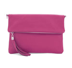 Load image into Gallery viewer, lusciousscarves Hot Pink Italian Leather Fold Over Clutch Bag with Tassel.
