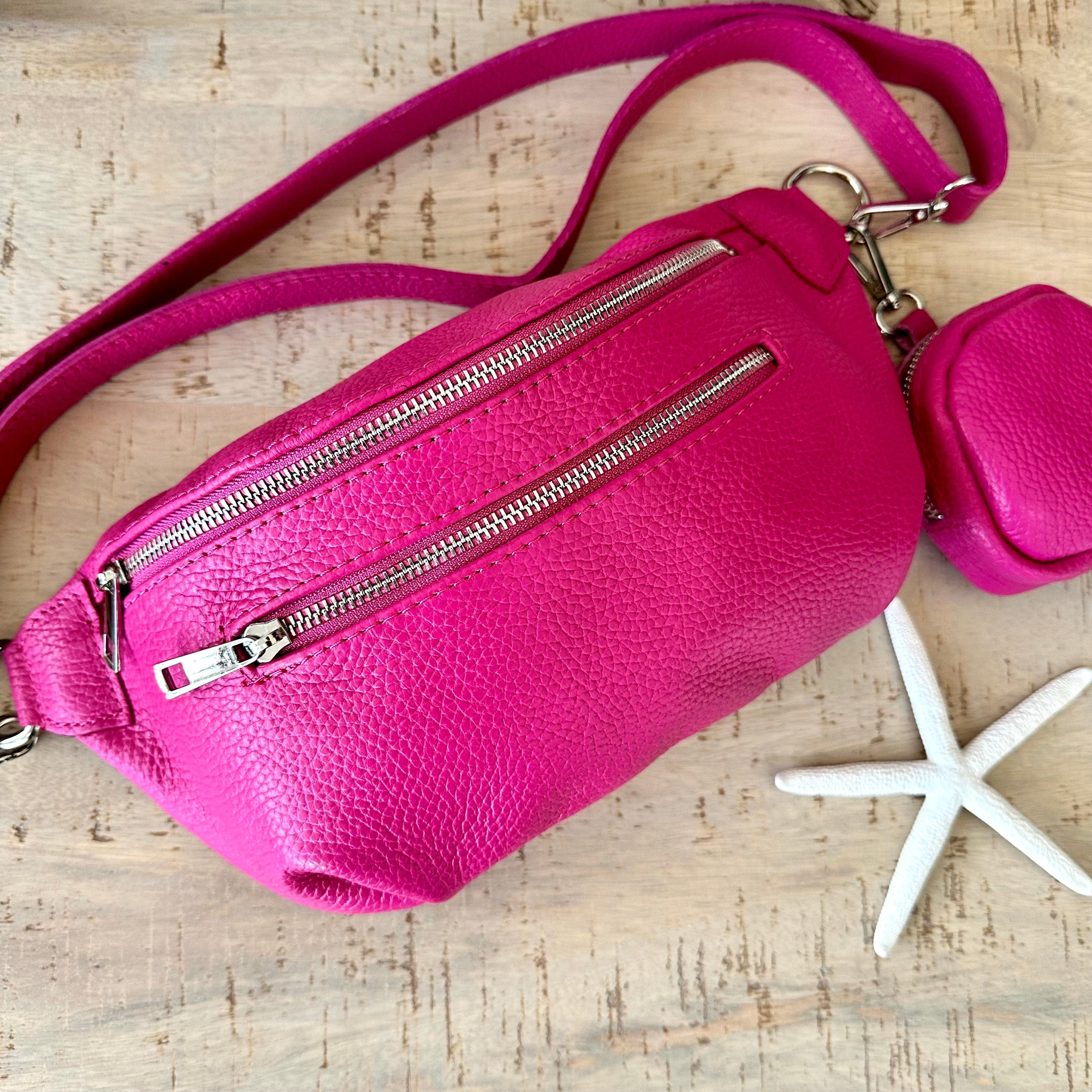lusciousscarves Hot Pink Italian Leather Medium Size Sling Bag / Bum Bag with Clip On Zip Purse, 7 Colours available.