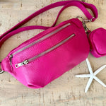 Load image into Gallery viewer, lusciousscarves Hot Pink Italian Leather Medium Size Sling Bag / Bum Bag with Clip On Zip Purse, 7 Colours available.
