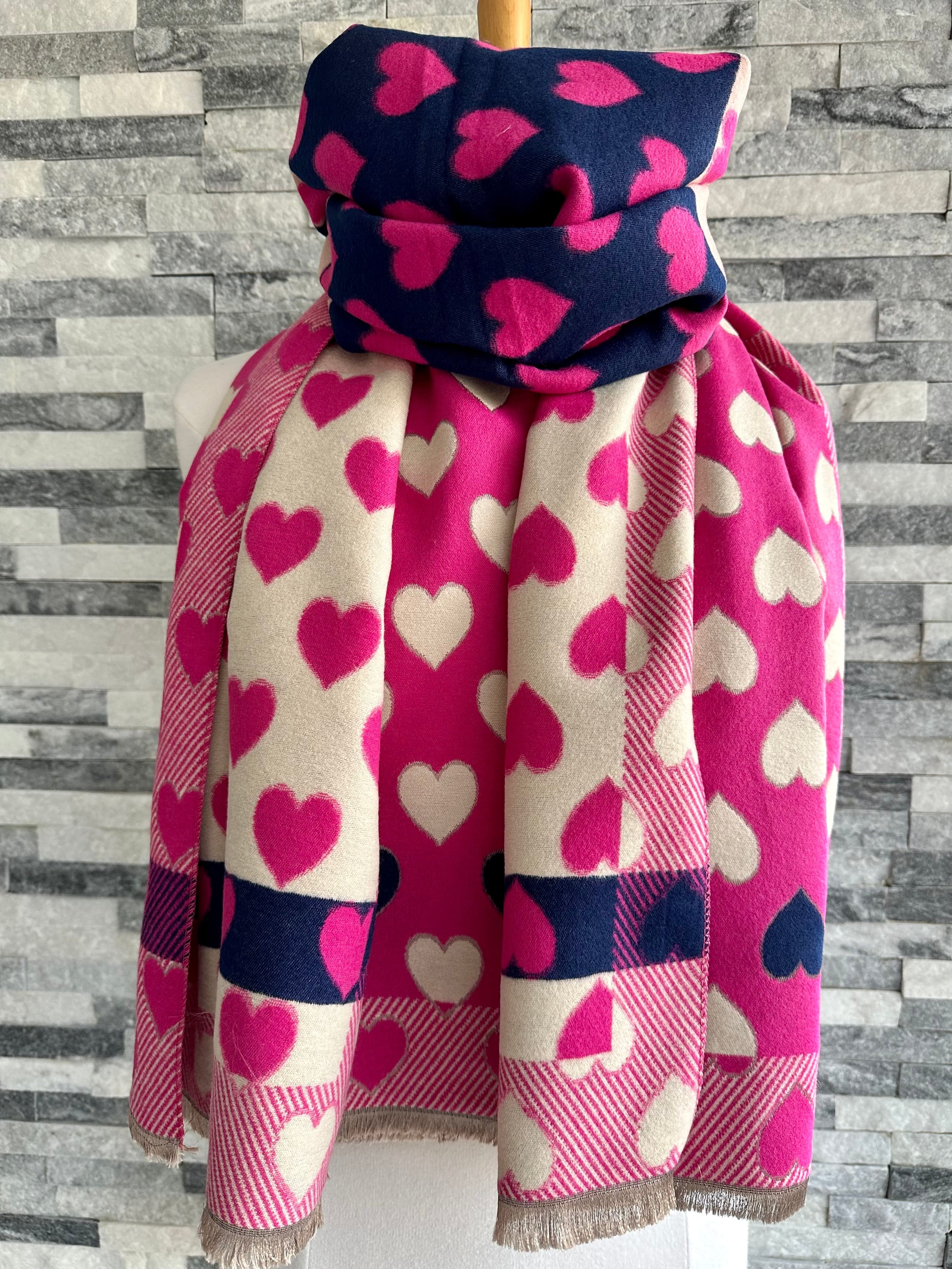 lusciousscarves Hot Pink, Navy and Cream Hearts Design Scarf / Wrap