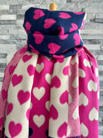 Load image into Gallery viewer, lusciousscarves Hot Pink, Navy and Cream Hearts Design Scarf / Wrap
