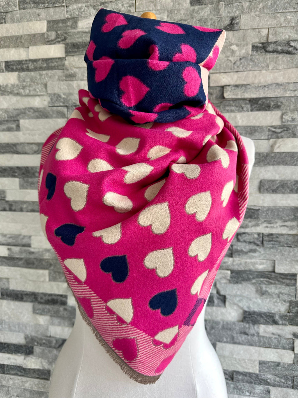 lusciousscarves Hot Pink, Navy and Cream Hearts Design Scarf / Wrap