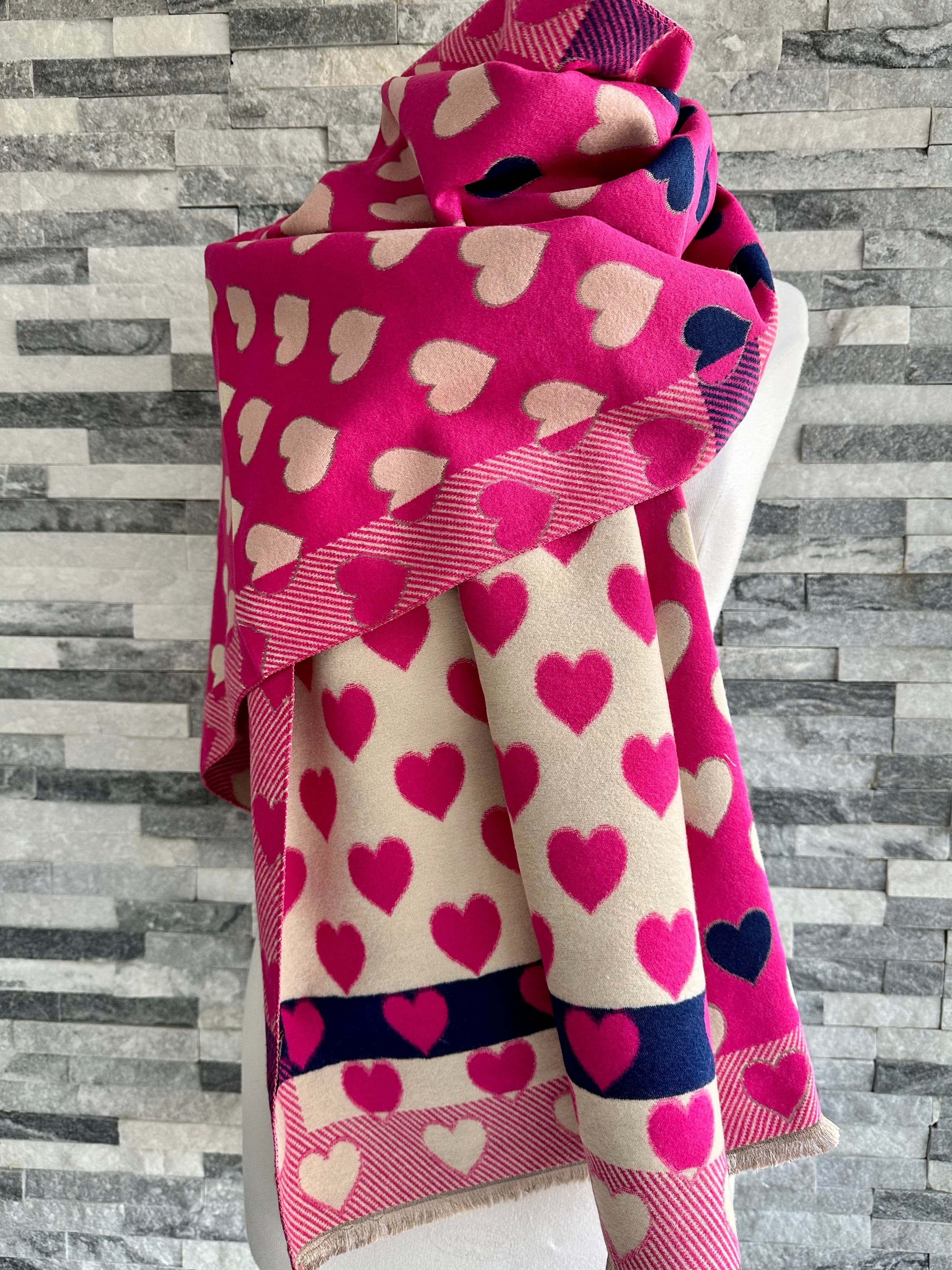 lusciousscarves Hot Pink, Navy and Cream Hearts Design Scarf / Wrap