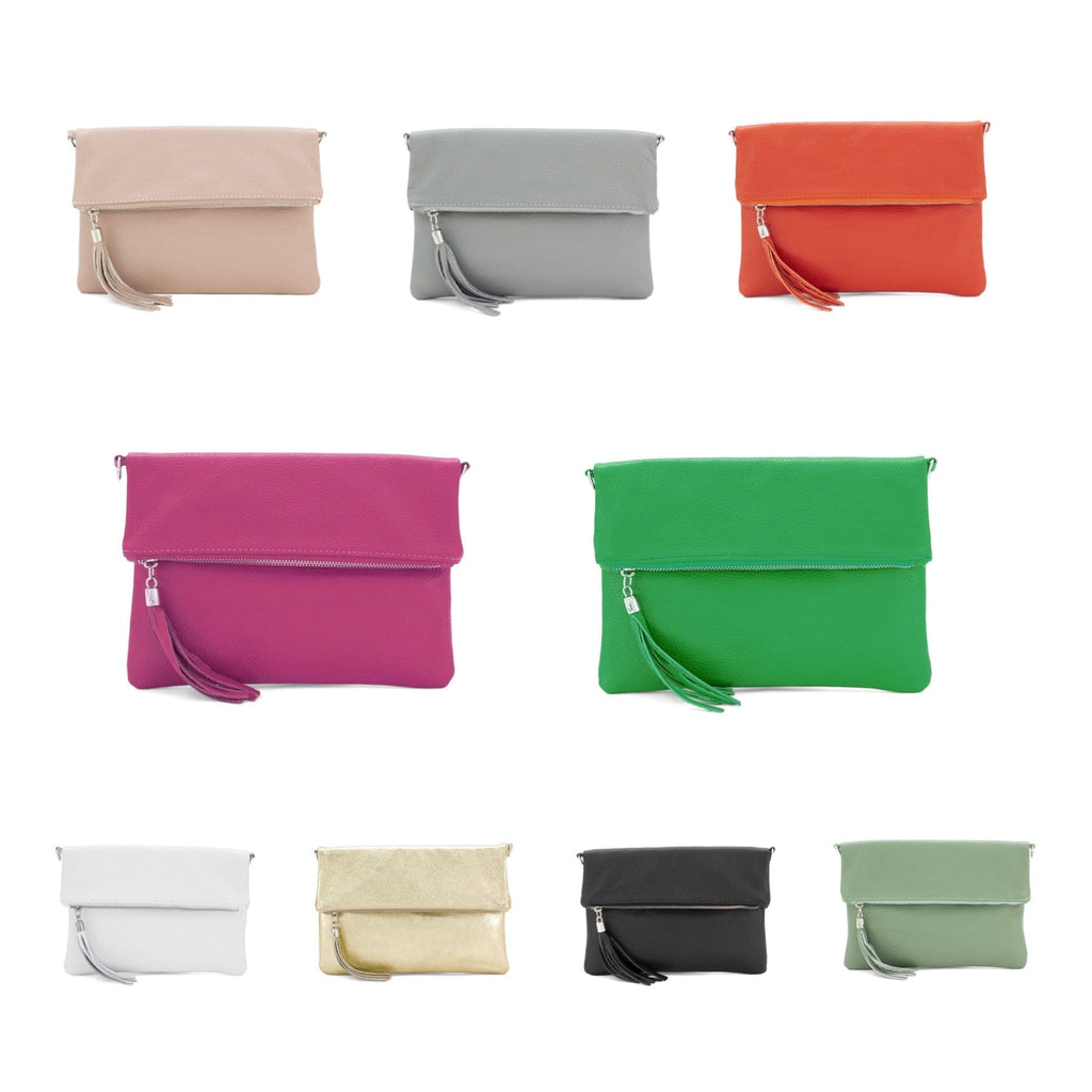 lusciousscarves Italian Leather Fold Over Clutch Bag with Tassel.