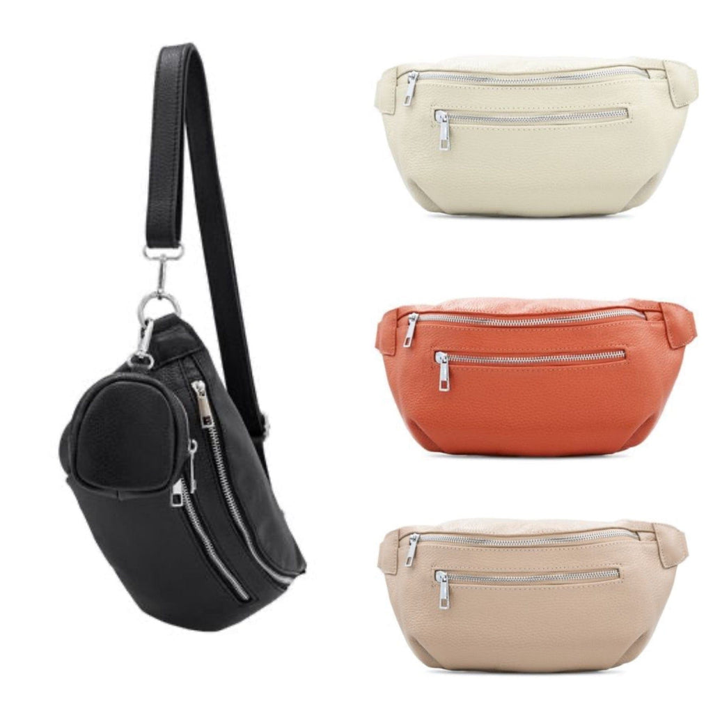lusciousscarves Italian Leather Medium Size Sling Bag / Bum Bag with Clip On Zip Purse.