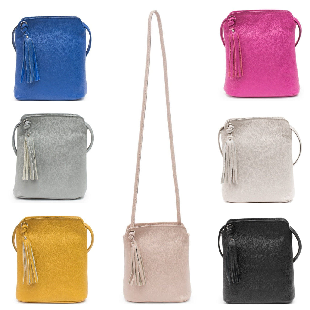 lusciousscarves Italian Leather Small Crossbody Bag / Handbag with Tassel , Available in 11 Colours.