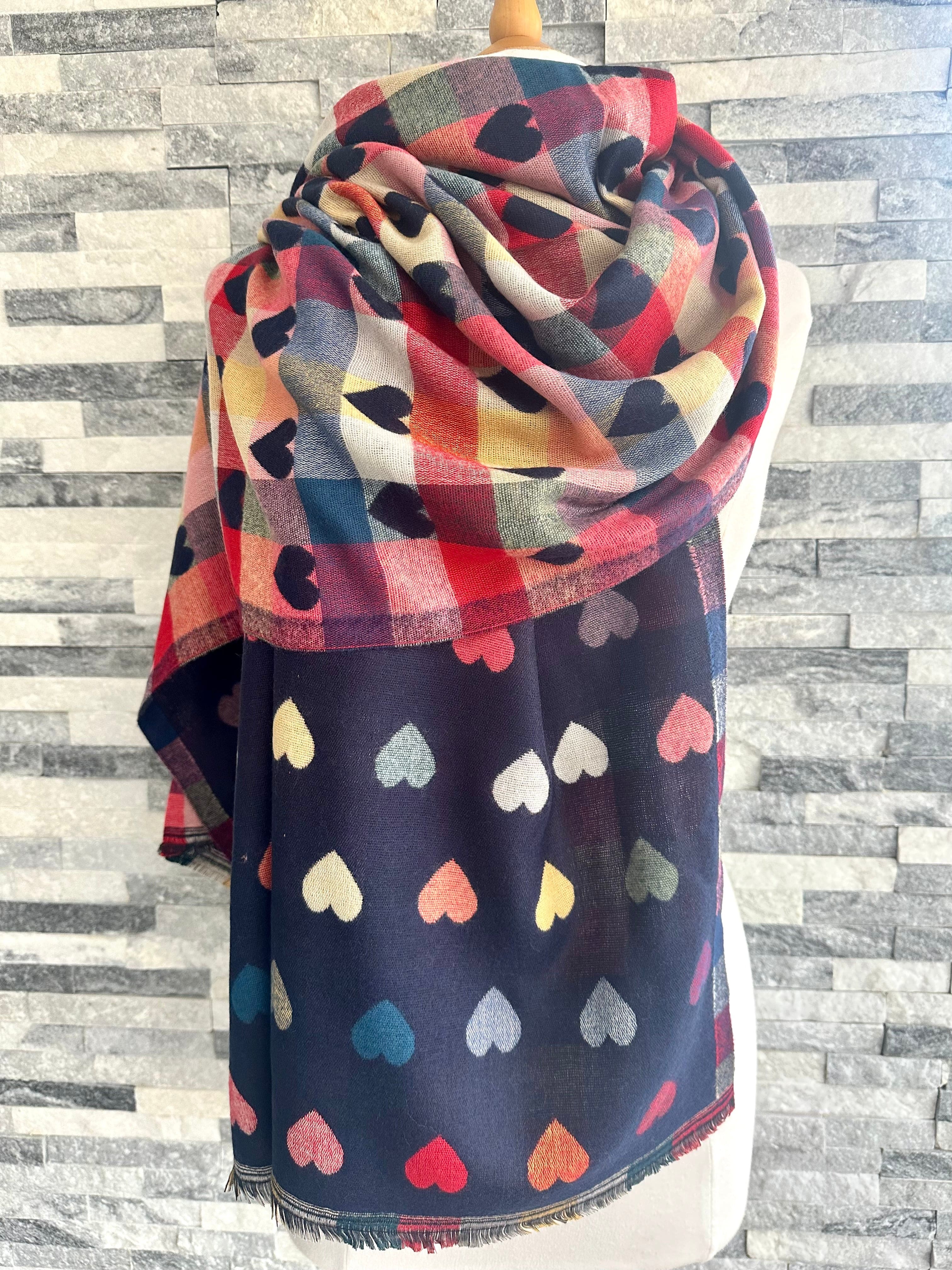 lusciousscarves Jacquard Navy Scarf with Multi Coloured Hearts.