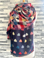 Load image into Gallery viewer, lusciousscarves Jacquard Navy Scarf with Multi Coloured Hearts.
