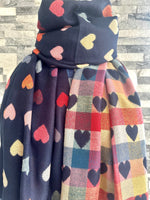 Load image into Gallery viewer, lusciousscarves Jacquard Navy Scarf with Multi Coloured Hearts.
