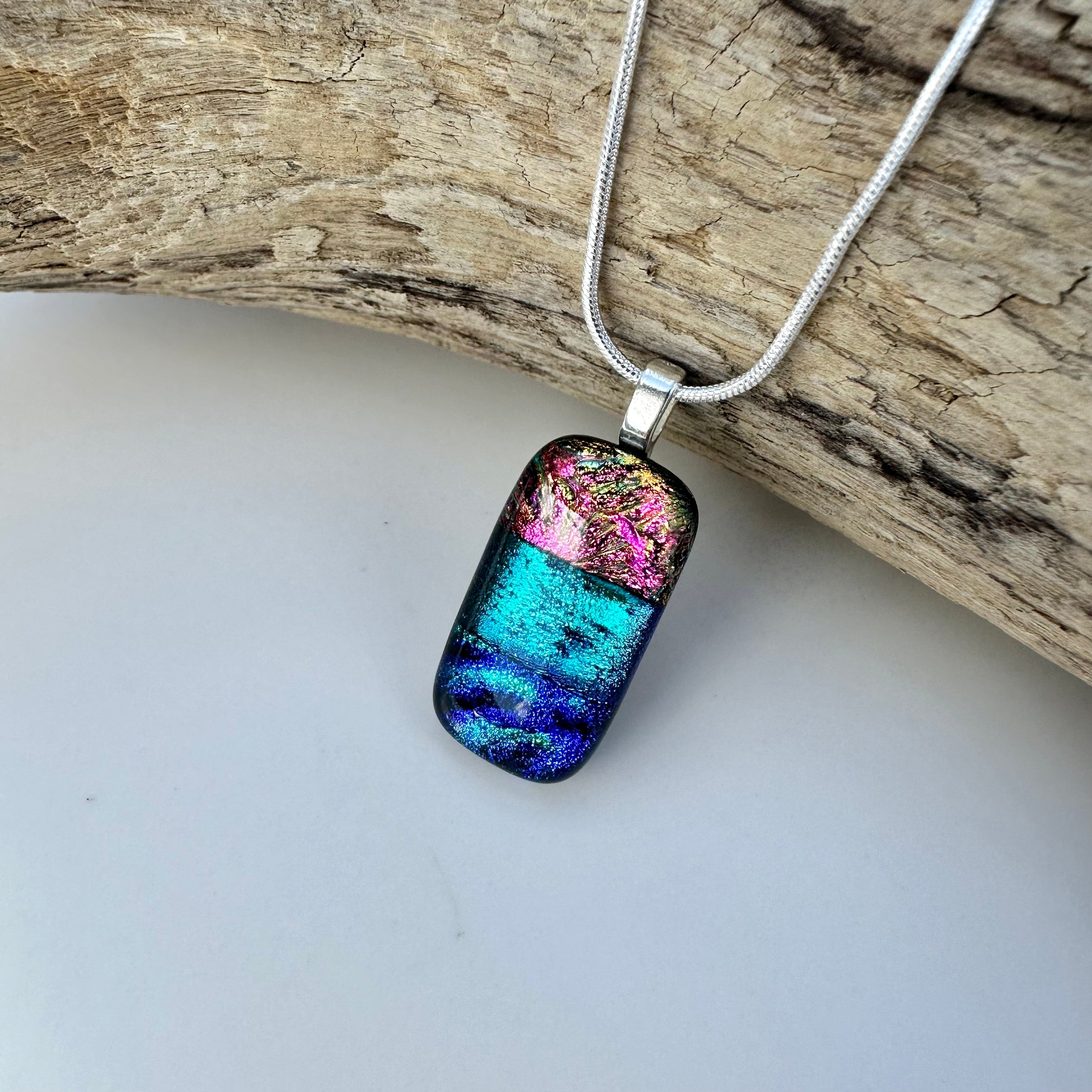 lusciousscarves Jewelry Dichroic Glass Pendant Necklace Handmade Pink Turquoise Seascape