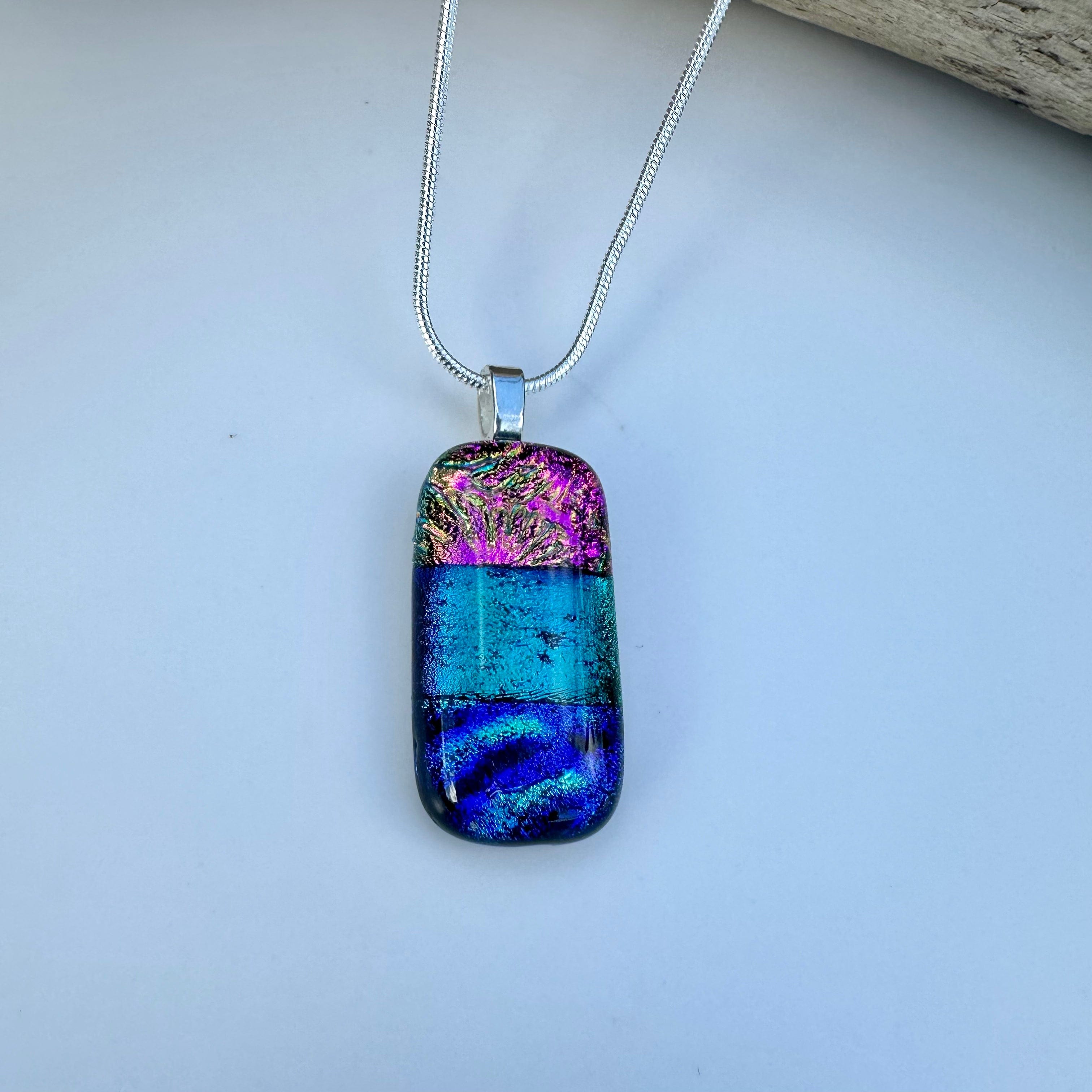 lusciousscarves Jewelry Dichroic Glass Pendant Necklace Handmade Pink Turquoise Seascape