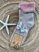 Load image into Gallery viewer, lusciousscarves Joya Ladies Grey Wool Blend Cuff Socks with Grey Spots.
