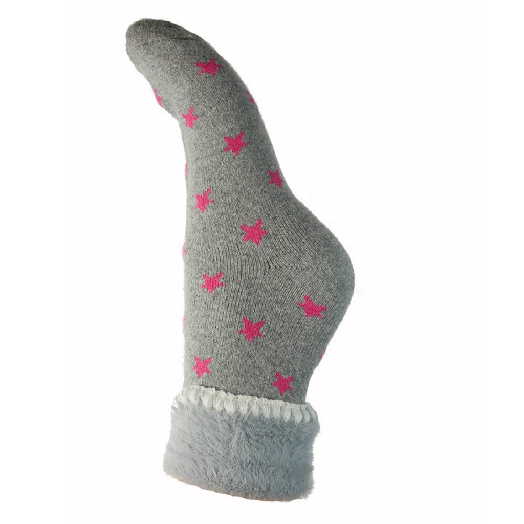 lusciousscarves Joya Ladies Grey Wool Blend Cuff Socks with Pink Stars.