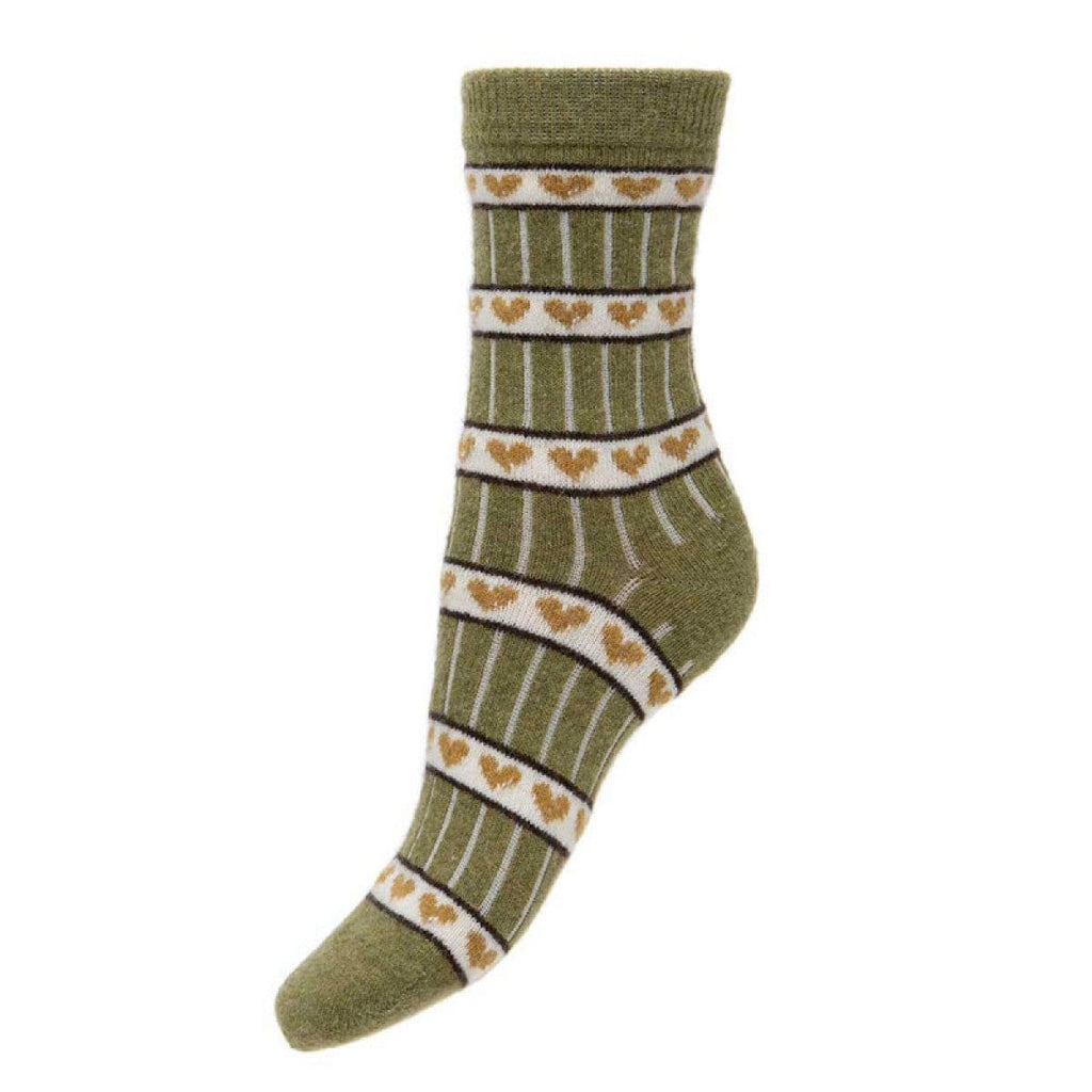 lusciousscarves Joya Wool Blend Ladies Socks , Green with Mustard Hearts Design 4-7