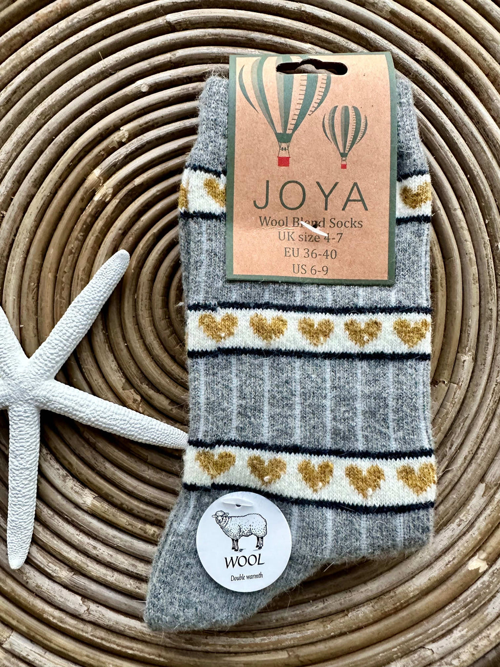 lusciousscarves Joya Wool Blend Ladies Socks , Grey with Mustard Hearts Design 4-7