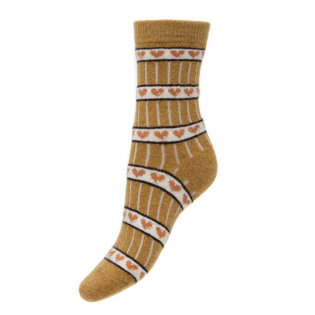 lusciousscarves Joya Wool Blend Ladies Socks , Mustard Yellow with Mustard Hearts Design 4-7