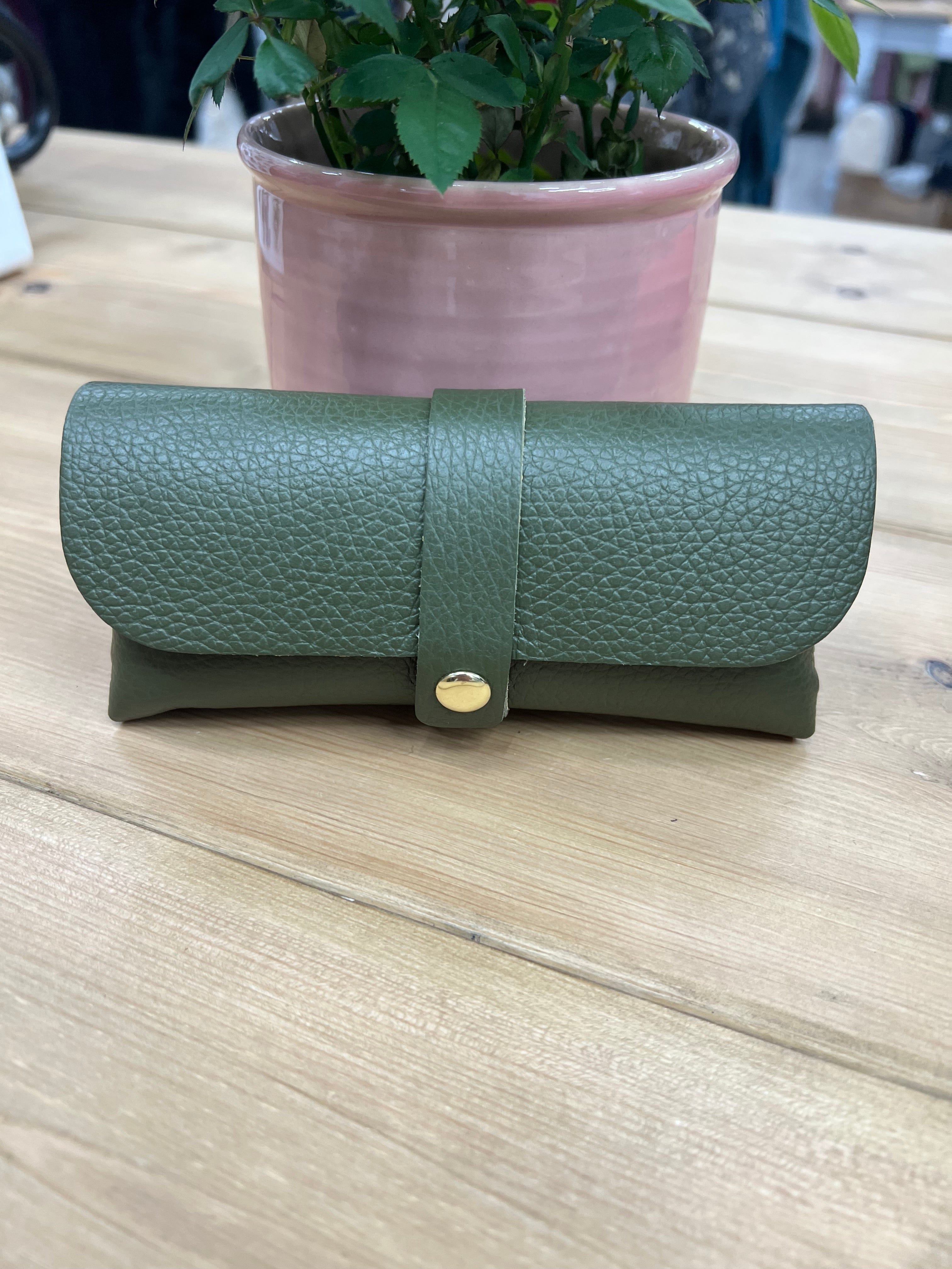 lusciousscarves Khaki Green Genuine Italian Leather Glasses Case Available in 15 Colours.