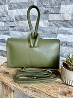 Load image into Gallery viewer, lusciousscarves Khaki Green Italian Leather Clutch Bag with Loop Handle
