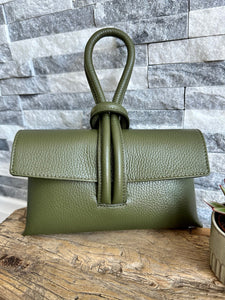 Khaki Green Italian Leather Clutch Bag with Loop Handle