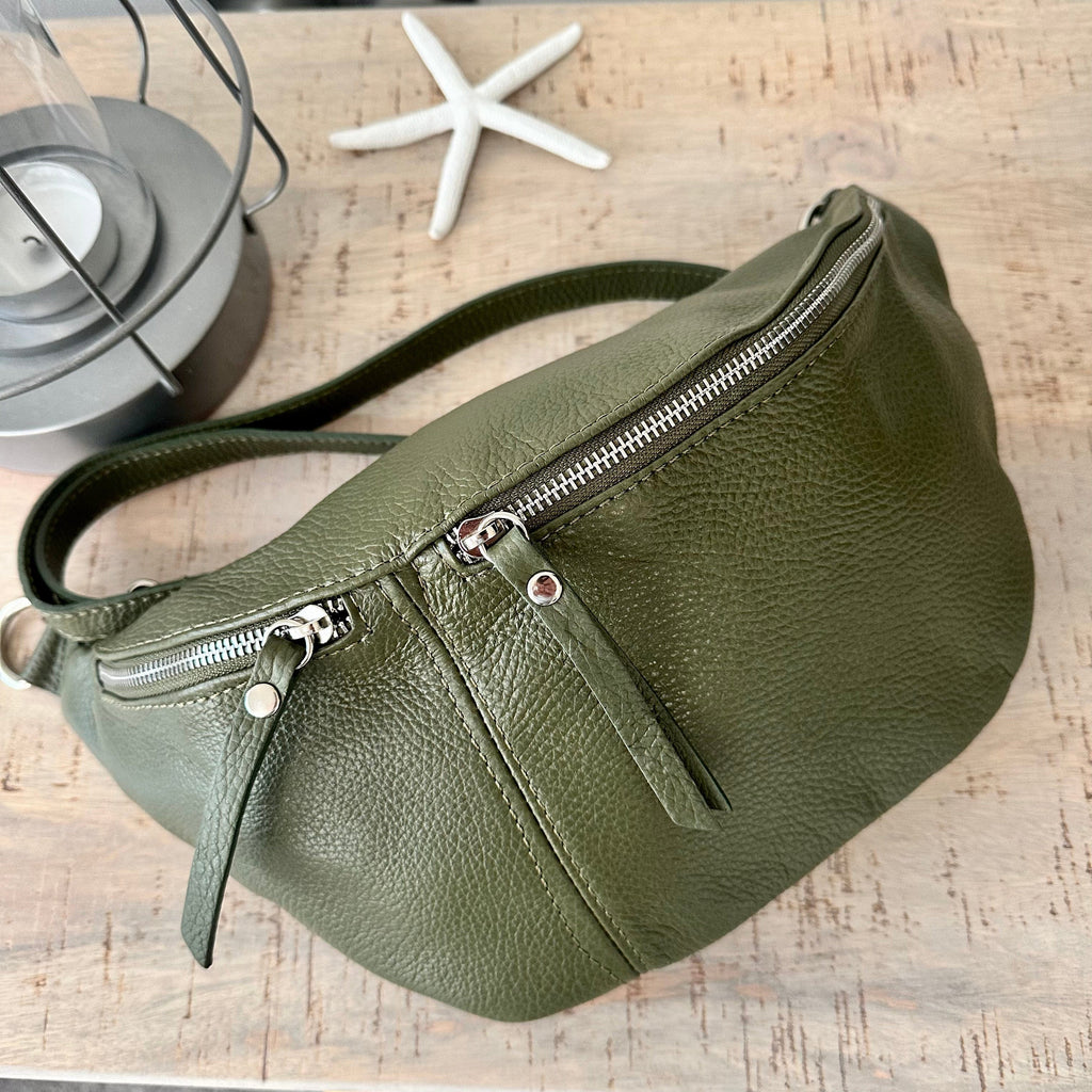 lusciousscarves Khaki Green Italian Leather Large Sling Bag / Chest Bag.