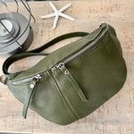 Load image into Gallery viewer, lusciousscarves Khaki Green Italian Leather Large Sling Bag / Chest Bag.
